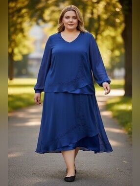 J.L. Studio (Jessica London) Cobalt Blue Long Sleeve Midi Skirt Set w/ Detailing